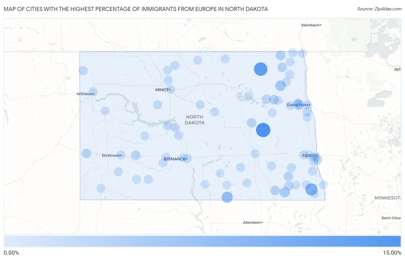 Cities with the Highest Percentage of Immigrants from Europe in North Dakota Map