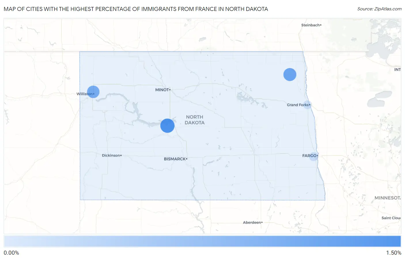 Cities with the Highest Percentage of Immigrants from France in North Dakota Map