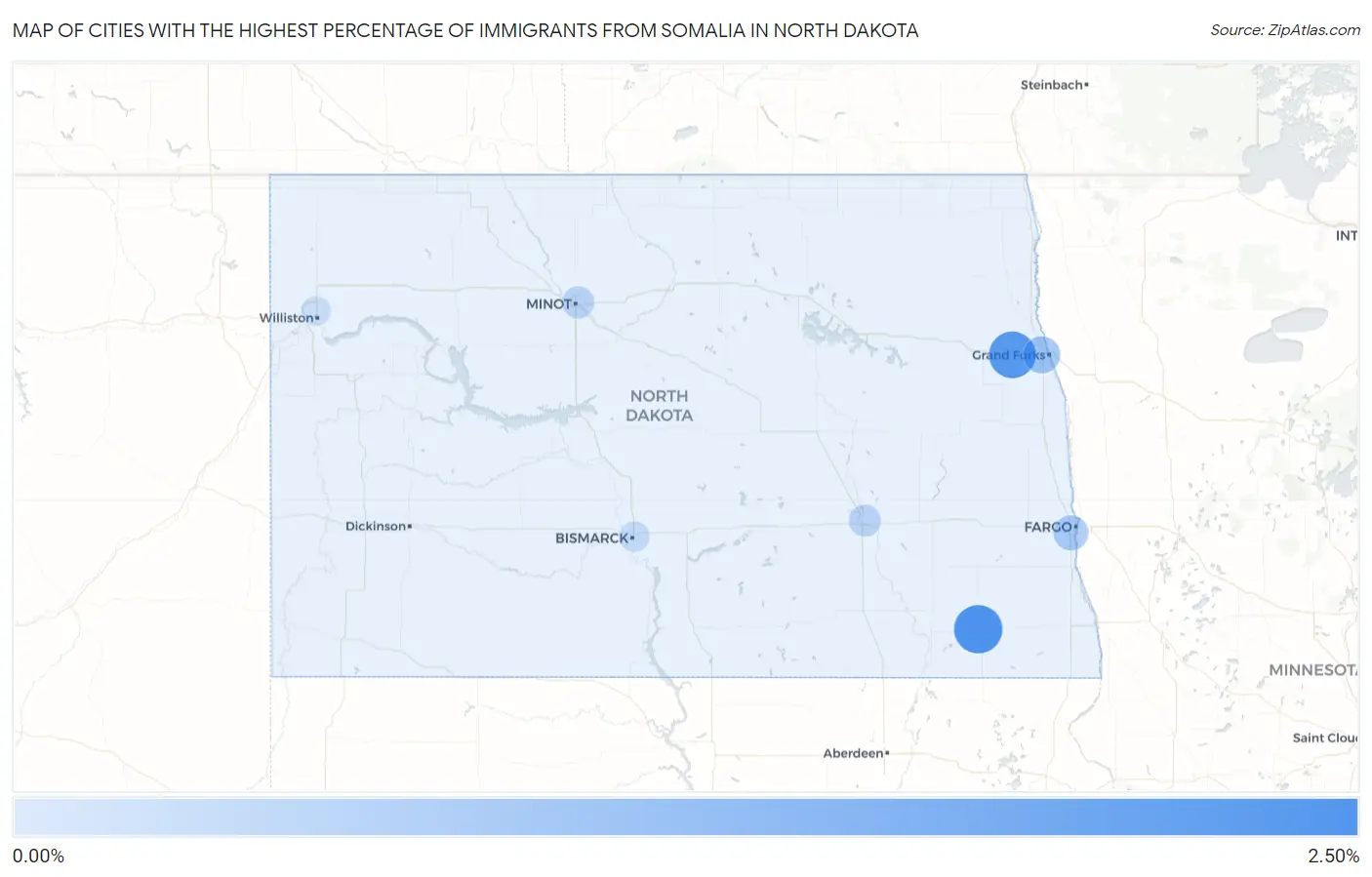 Cities with the Highest Percentage of Immigrants from Somalia in North Dakota Map