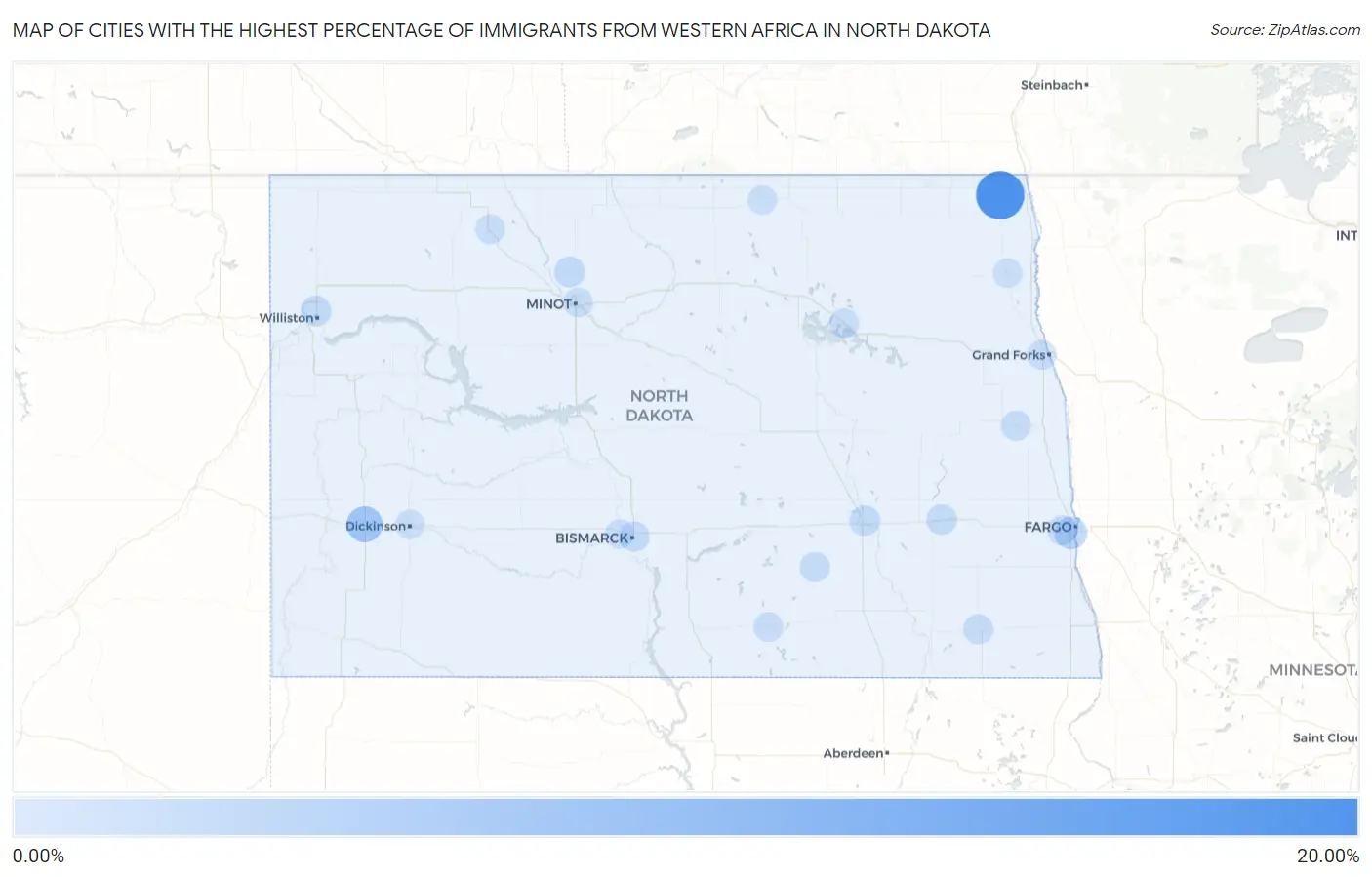 Cities with the Highest Percentage of Immigrants from Western Africa in North Dakota Map