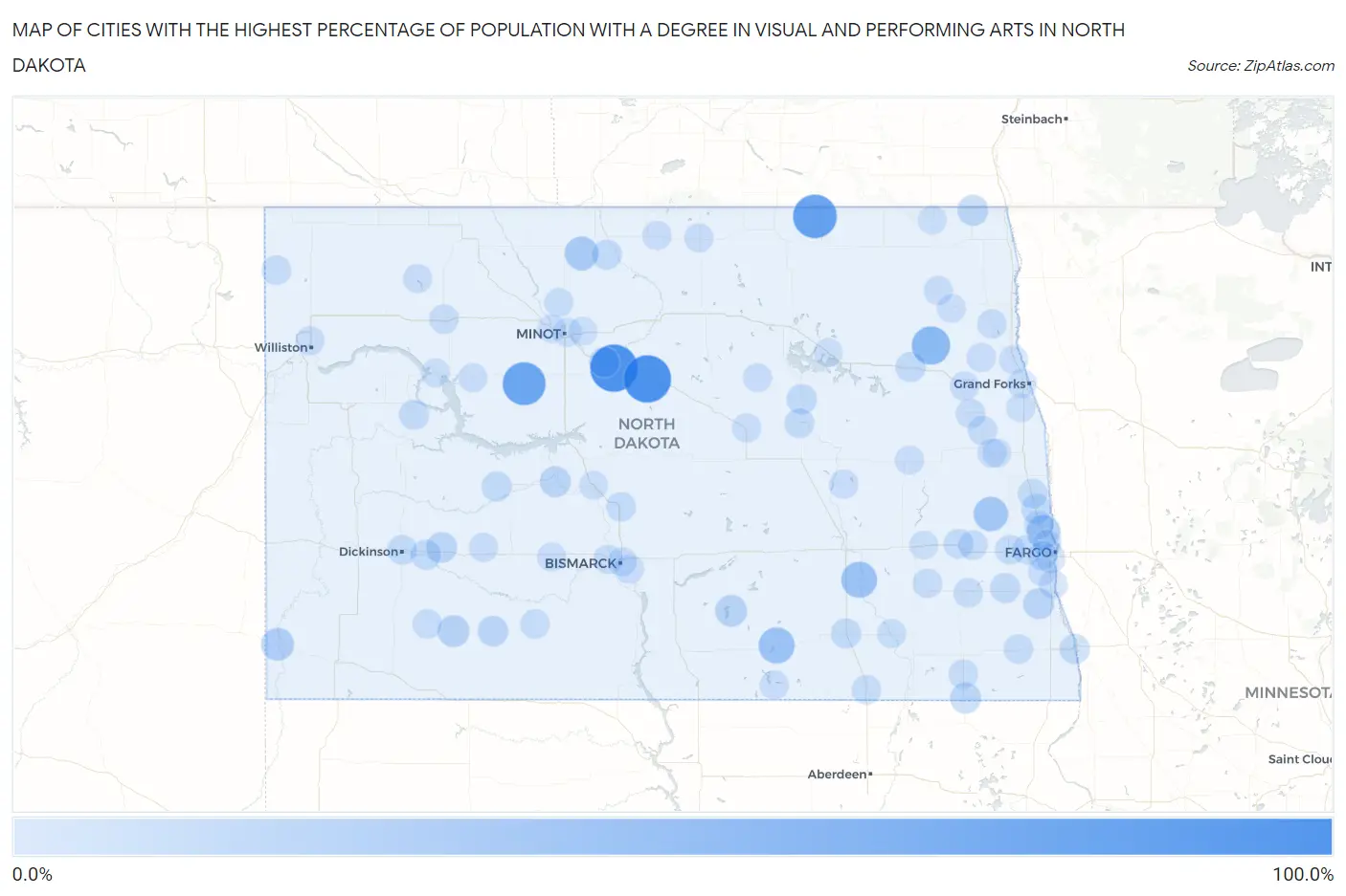 Cities with the Highest Percentage of Population with a Degree in Visual and Performing Arts in North Dakota Map