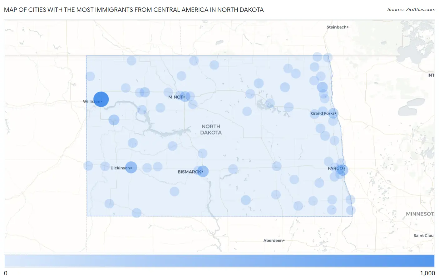 Cities with the Most Immigrants from Central America in North Dakota Map
