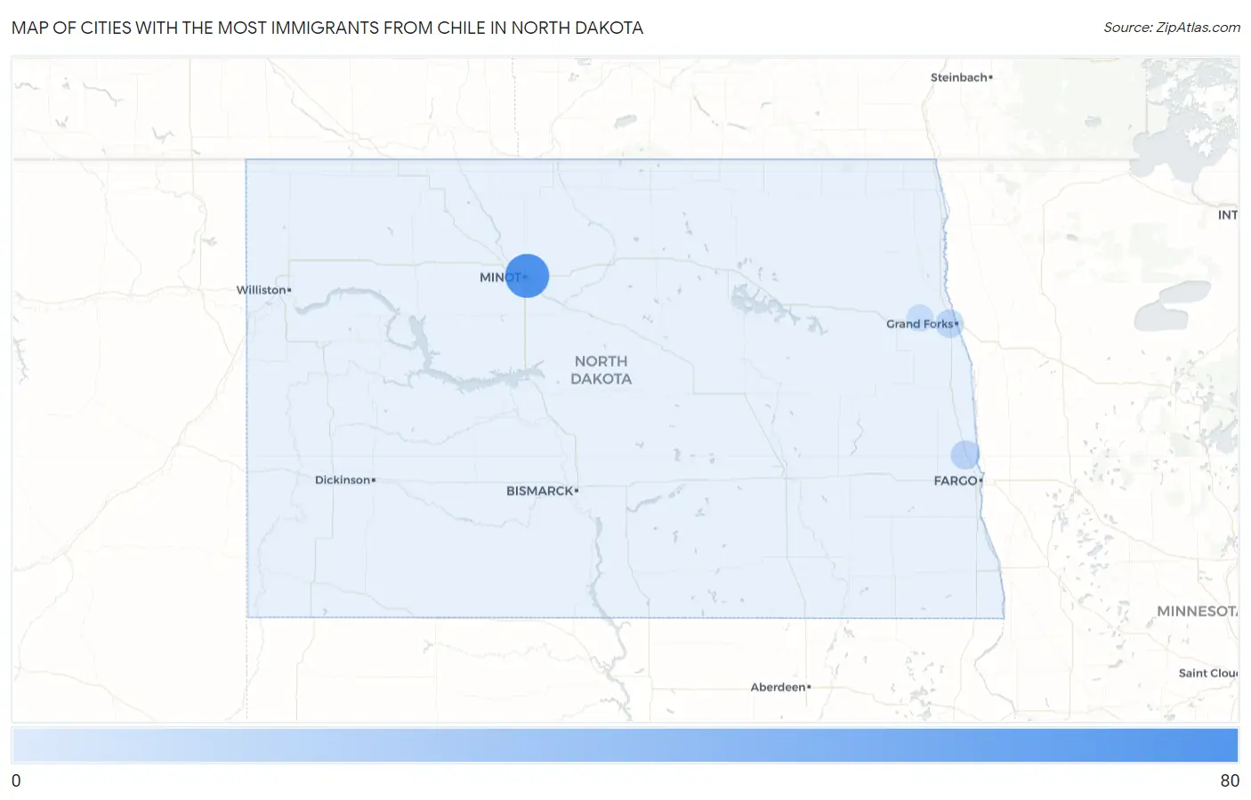 Cities with the Most Immigrants from Chile in North Dakota Map