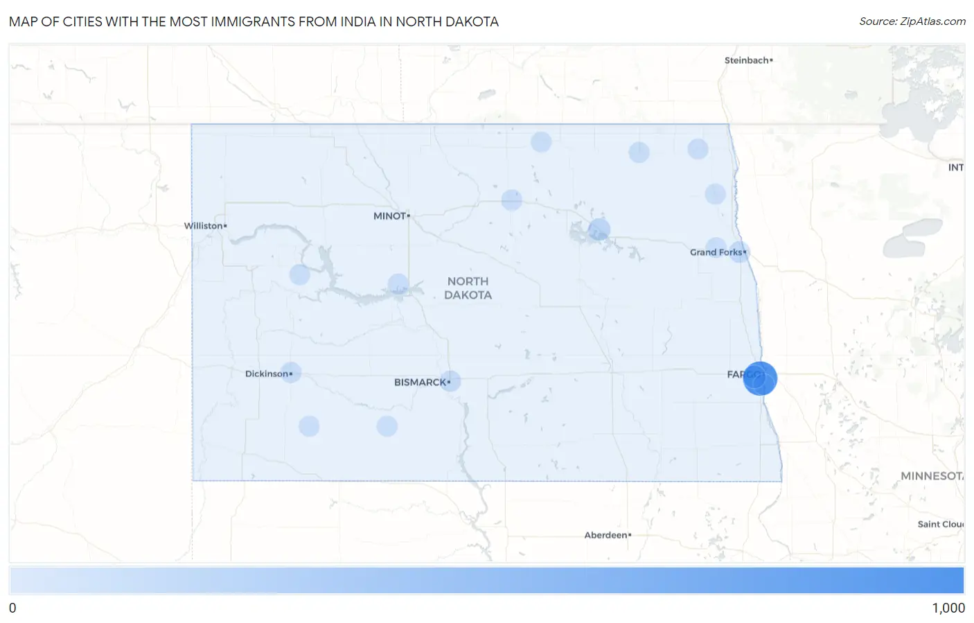 Cities with the Most Immigrants from India in North Dakota Map