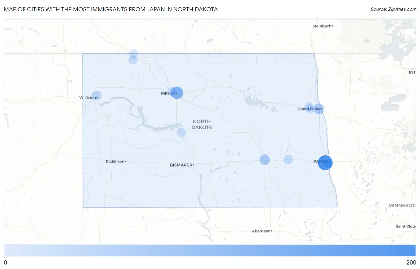Cities with the Most Immigrants from Japan in North Dakota Map