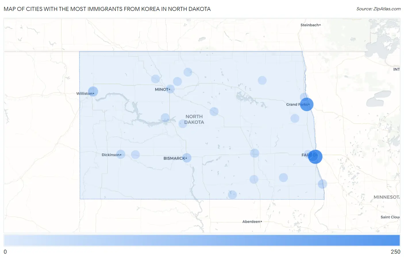 Cities with the Most Immigrants from Korea in North Dakota Map