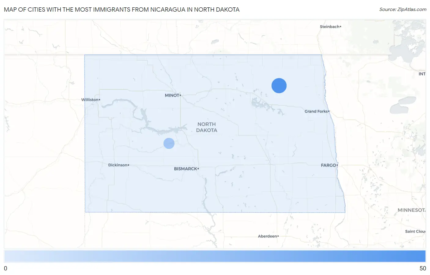 Cities with the Most Immigrants from Nicaragua in North Dakota Map