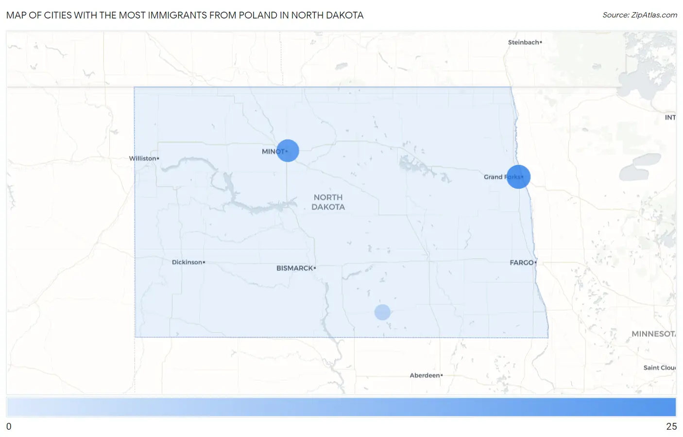 Cities with the Most Immigrants from Poland in North Dakota Map