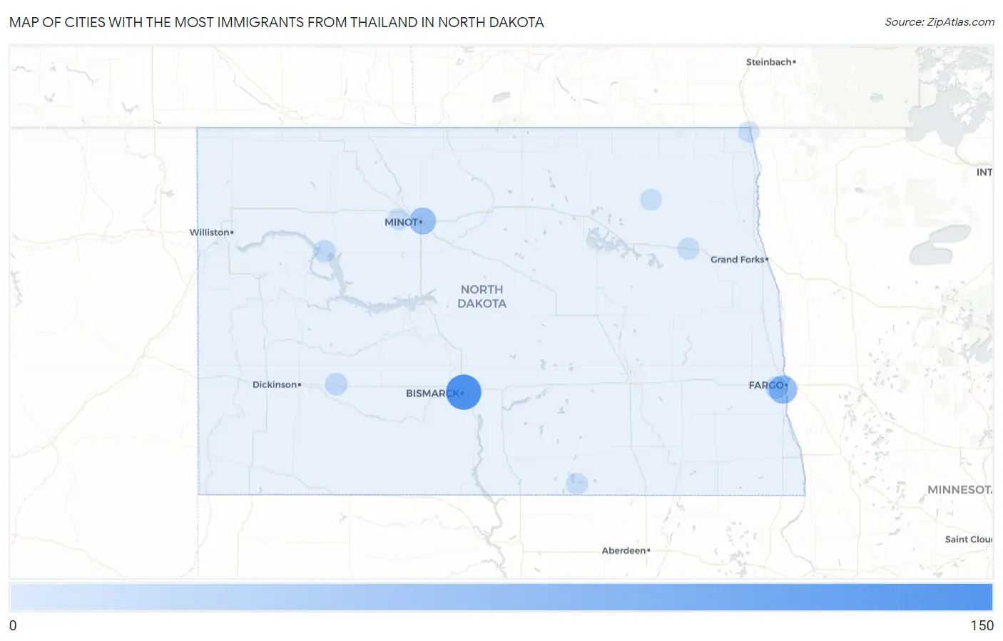 Cities with the Most Immigrants from Thailand in North Dakota Map