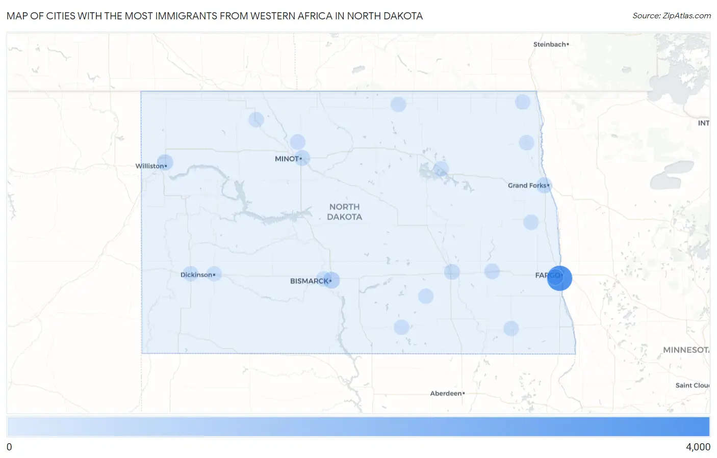 Cities with the Most Immigrants from Western Africa in North Dakota Map