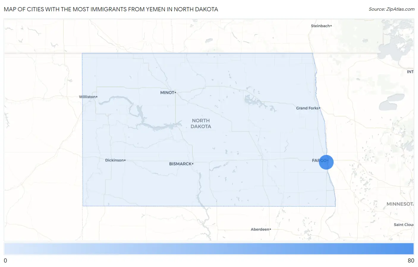 Cities with the Most Immigrants from Yemen in North Dakota Map