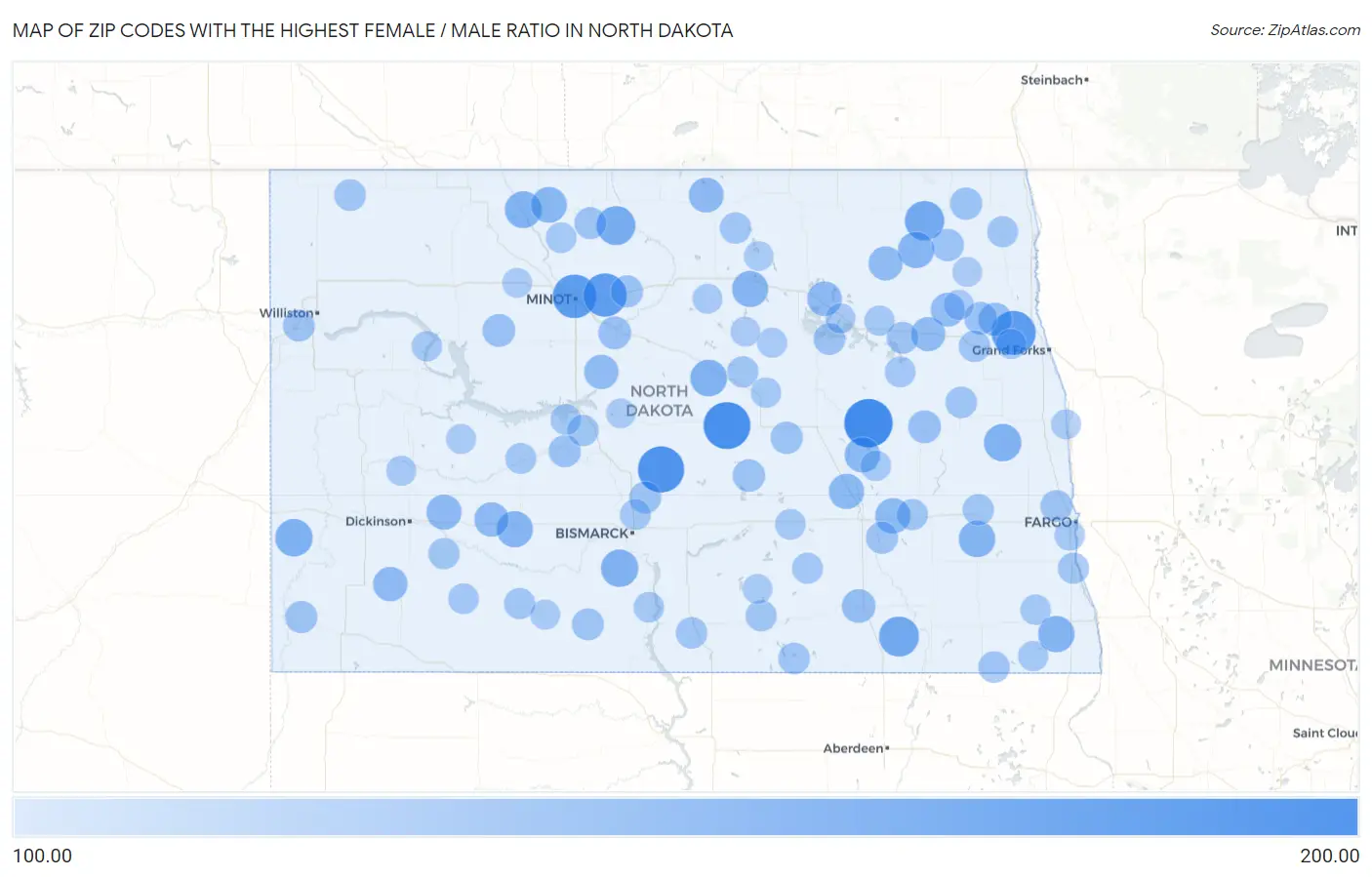 Zip Codes with the Highest Female / Male Ratio in North Dakota Map