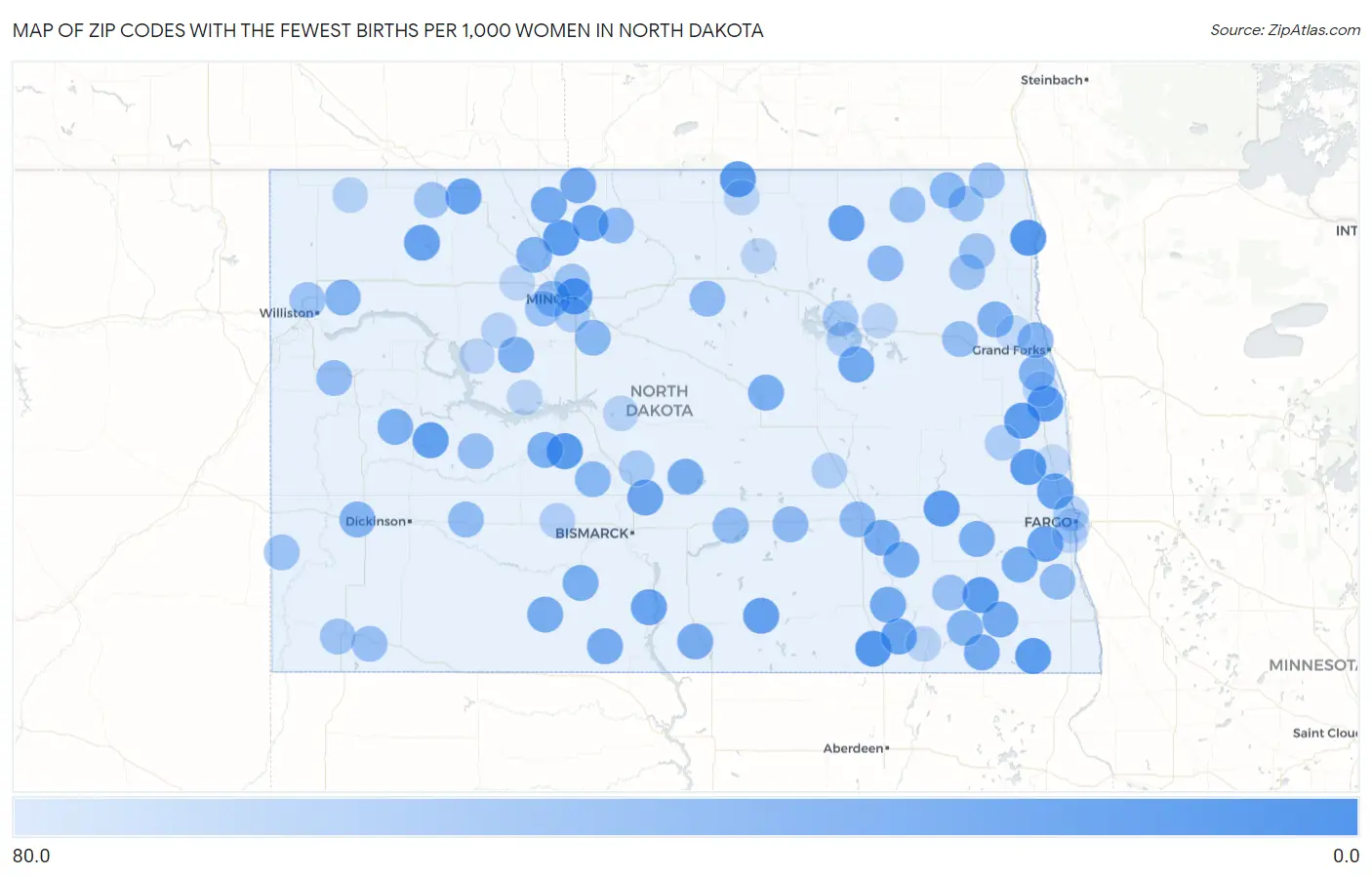 Zip Codes with the Fewest Births per 1,000 Women in North Dakota Map