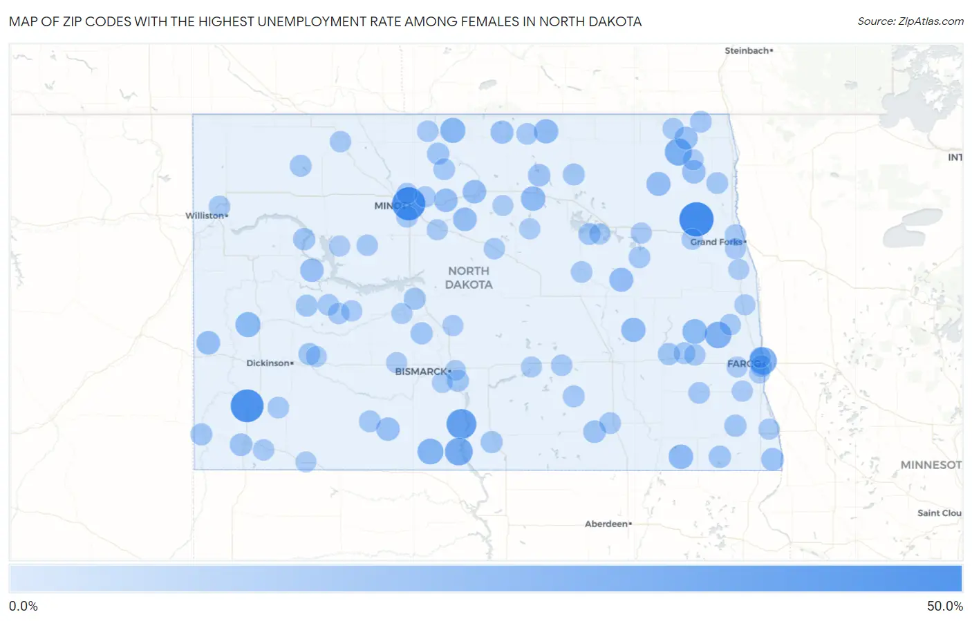 Zip Codes with the Highest Unemployment Rate Among Females in North Dakota Map