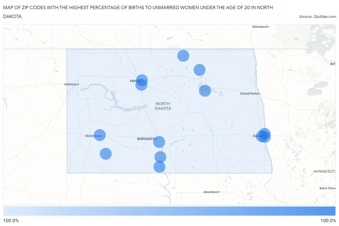 Zip Codes with the Highest Percentage of Births to Unmarried Women under the Age of 20 in North Dakota Map