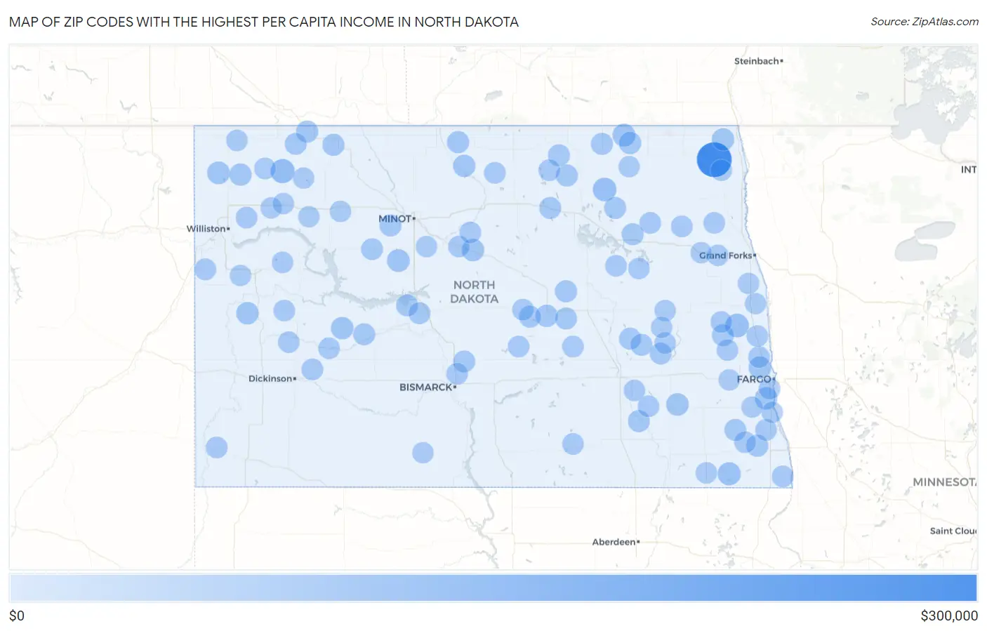 Zip Codes with the Highest Per Capita Income in North Dakota Map