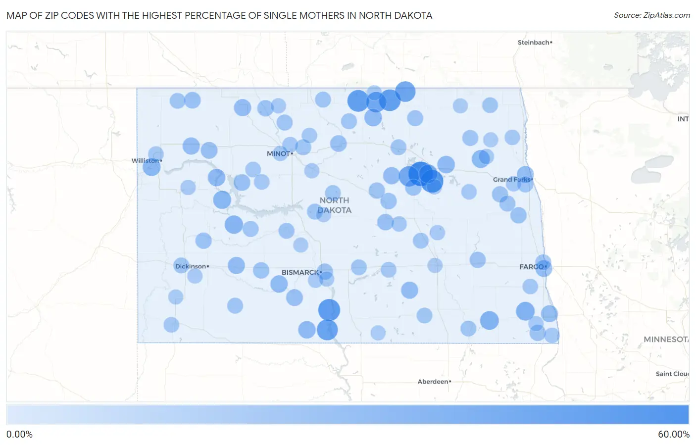 Zip Codes with the Highest Percentage of Single Mothers in North Dakota Map