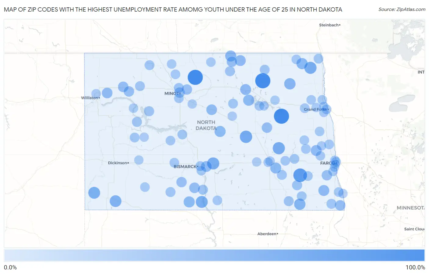 Zip Codes with the Highest Unemployment Rate Amomg Youth Under the Age of 25 in North Dakota Map