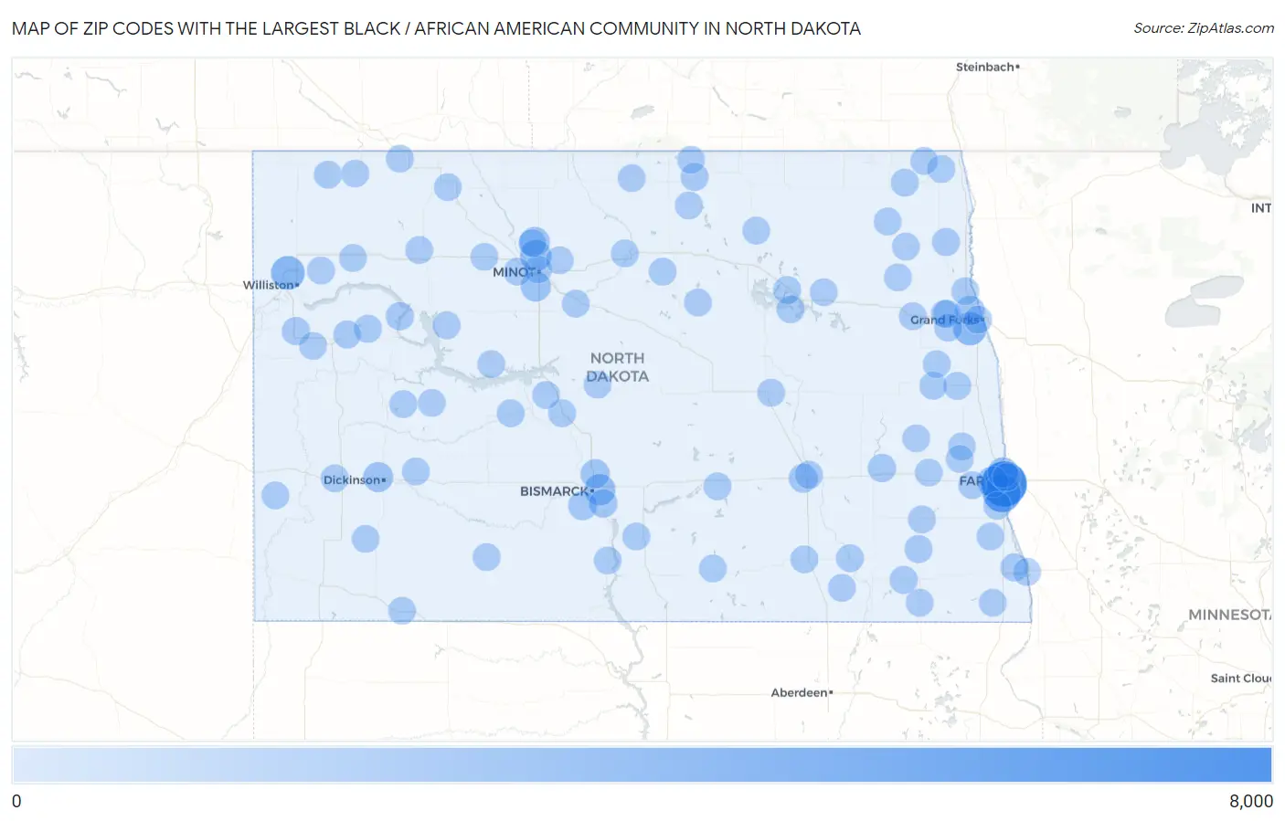 Zip Codes with the Largest Black / African American Community in North Dakota Map