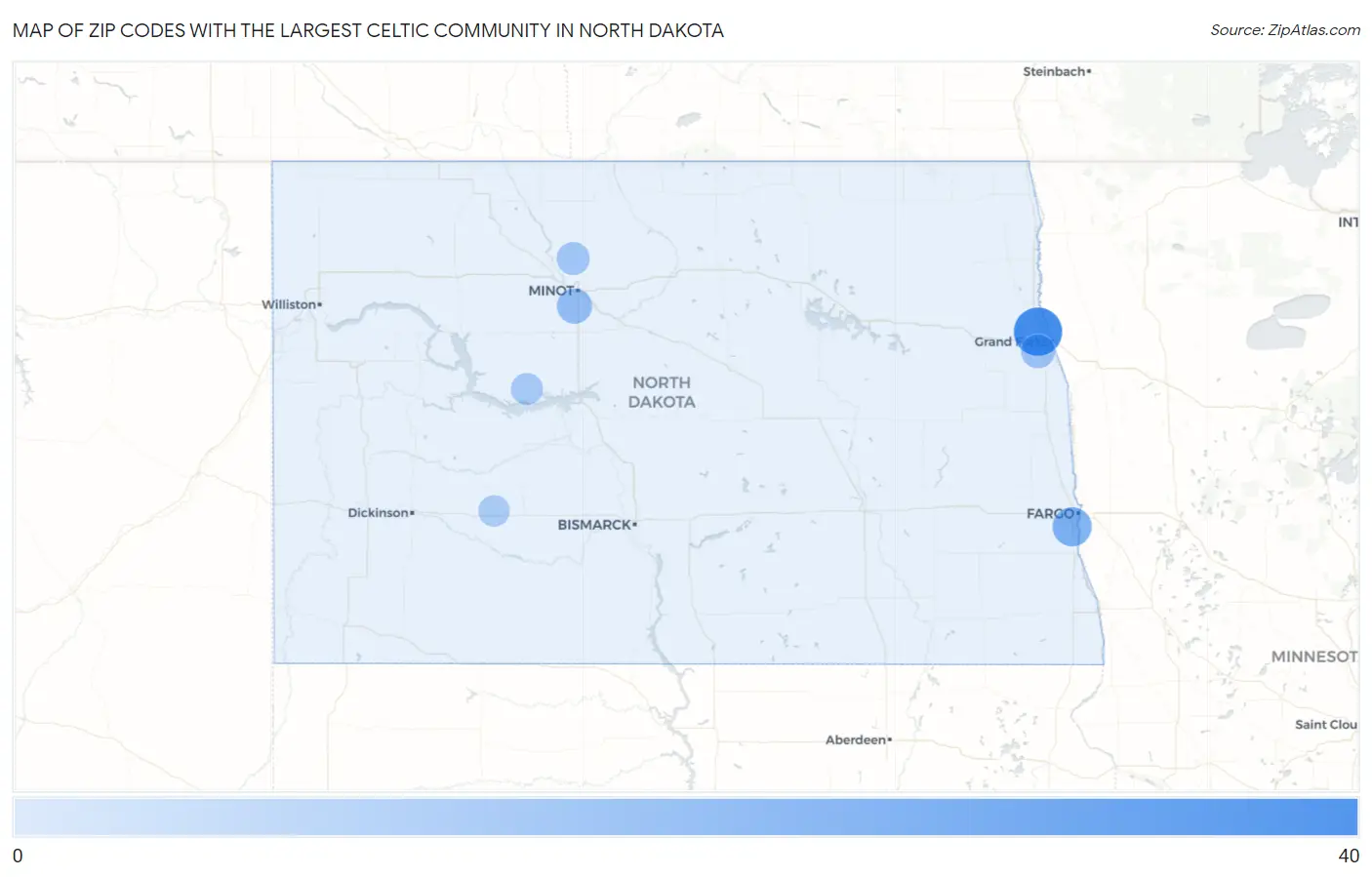 Zip Codes with the Largest Celtic Community in North Dakota Map