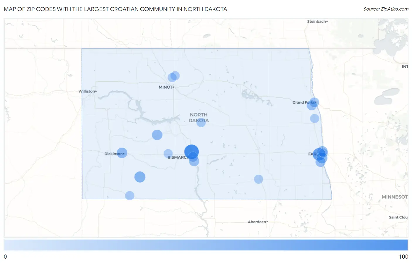 Zip Codes with the Largest Croatian Community in North Dakota Map