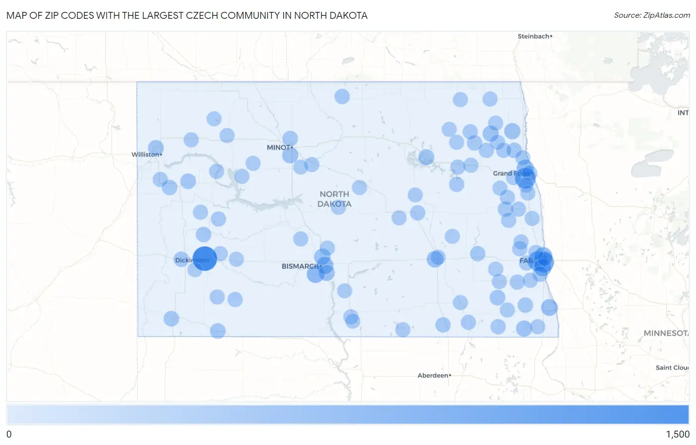 Zip Codes with the Largest Czech Community in North Dakota Map