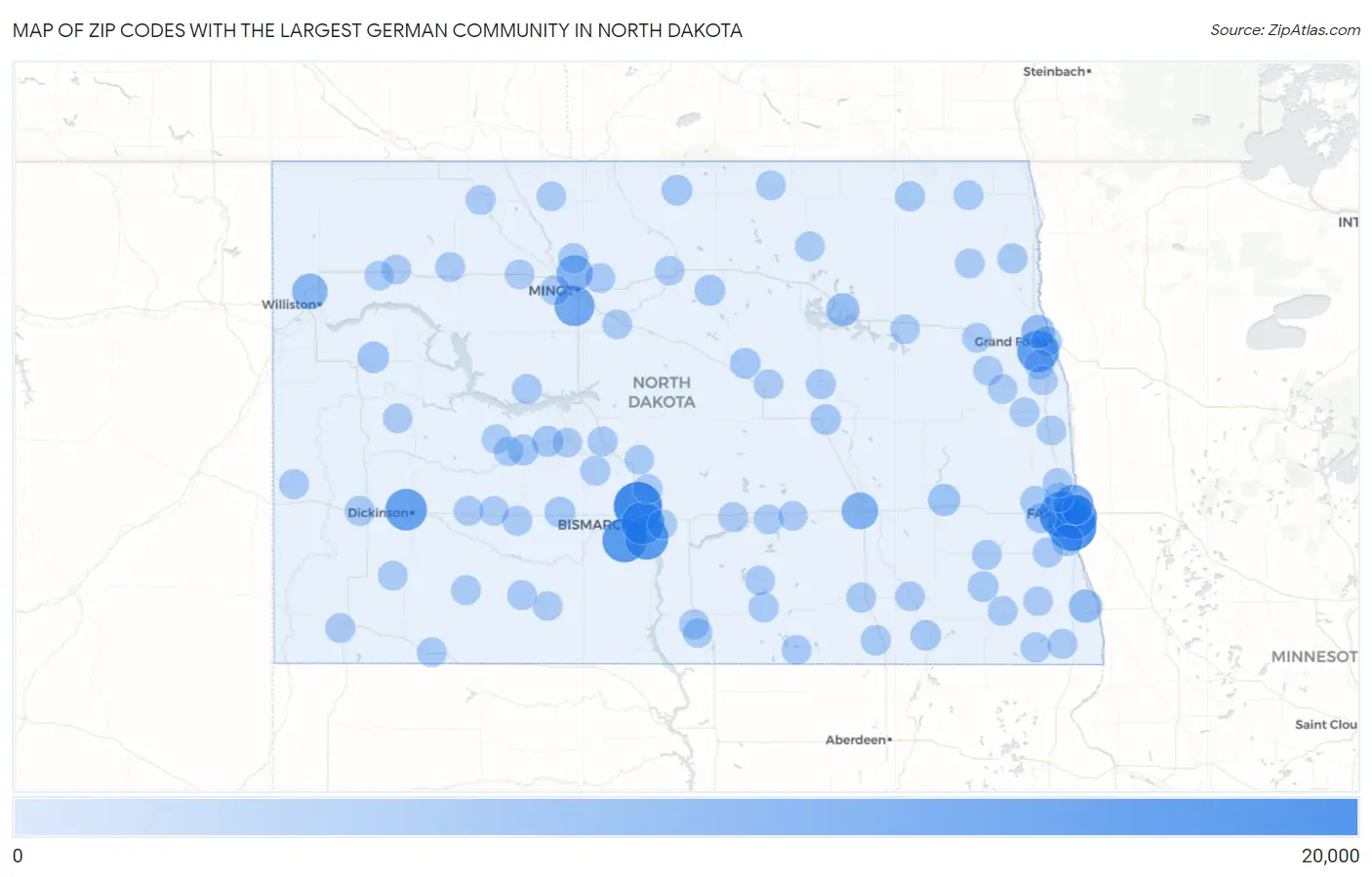 Zip Codes with the Largest German Community in North Dakota Map
