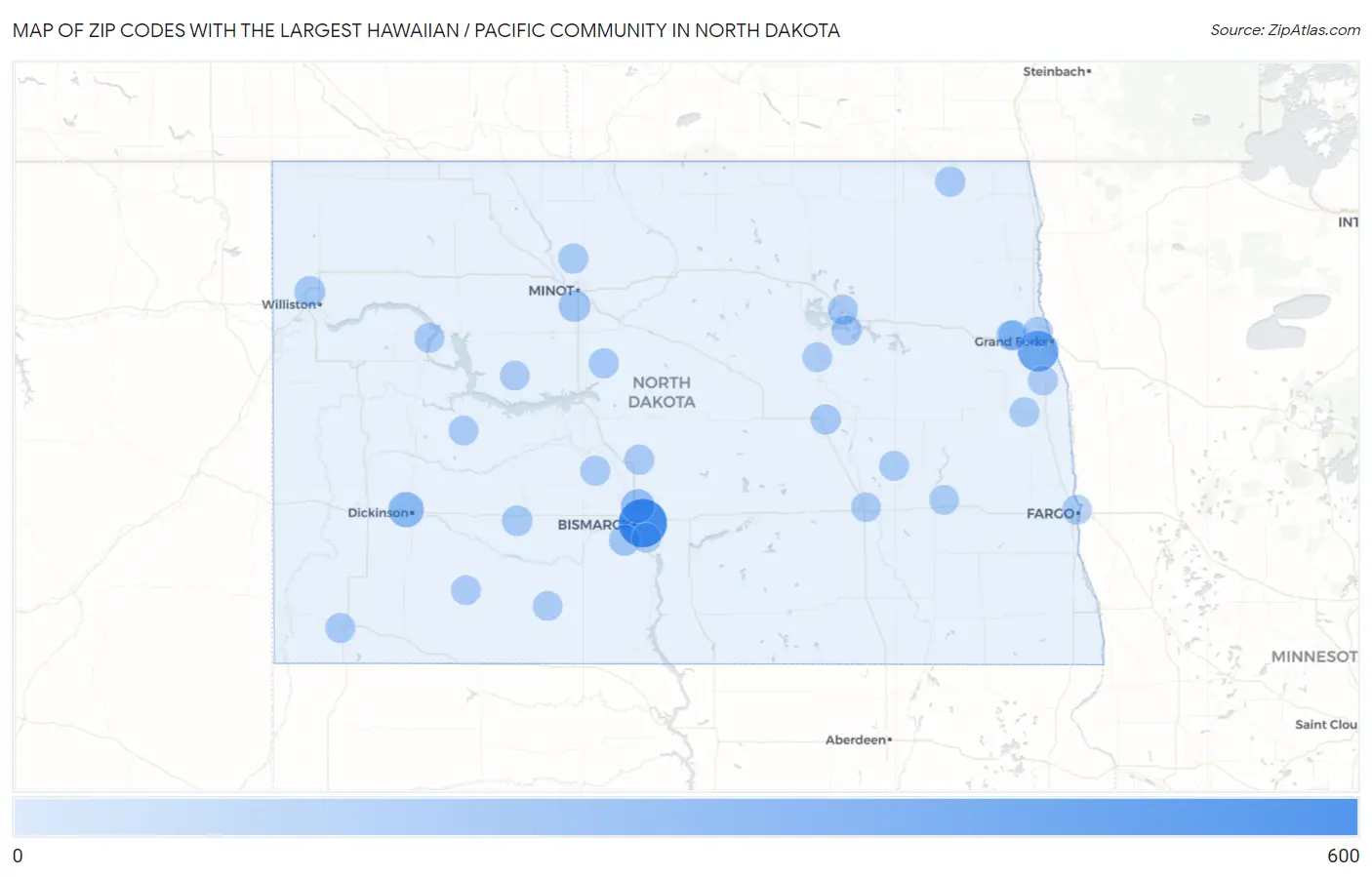 Zip Codes with the Largest Hawaiian / Pacific Community in North Dakota Map
