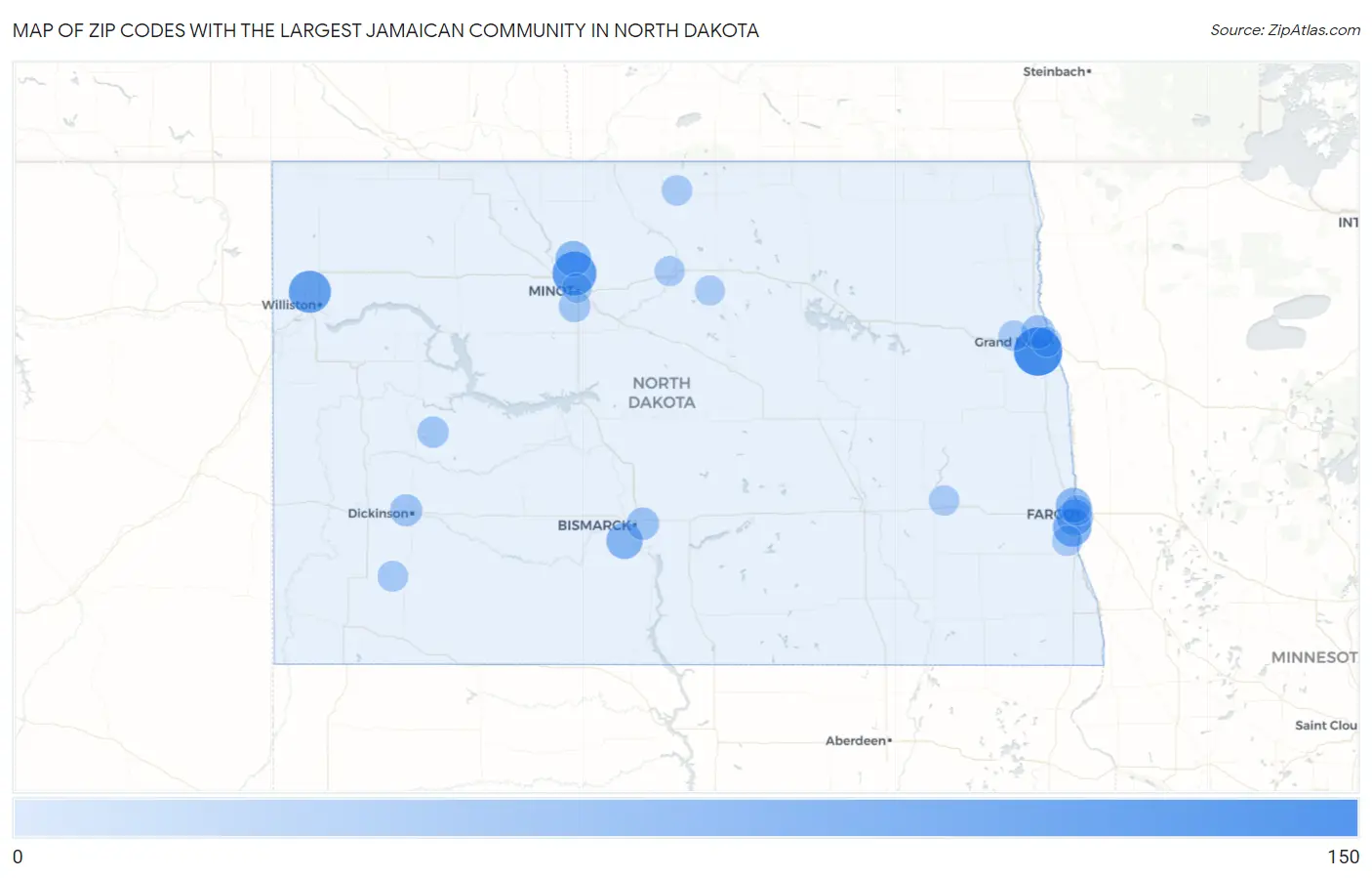 Zip Codes with the Largest Jamaican Community in North Dakota Map