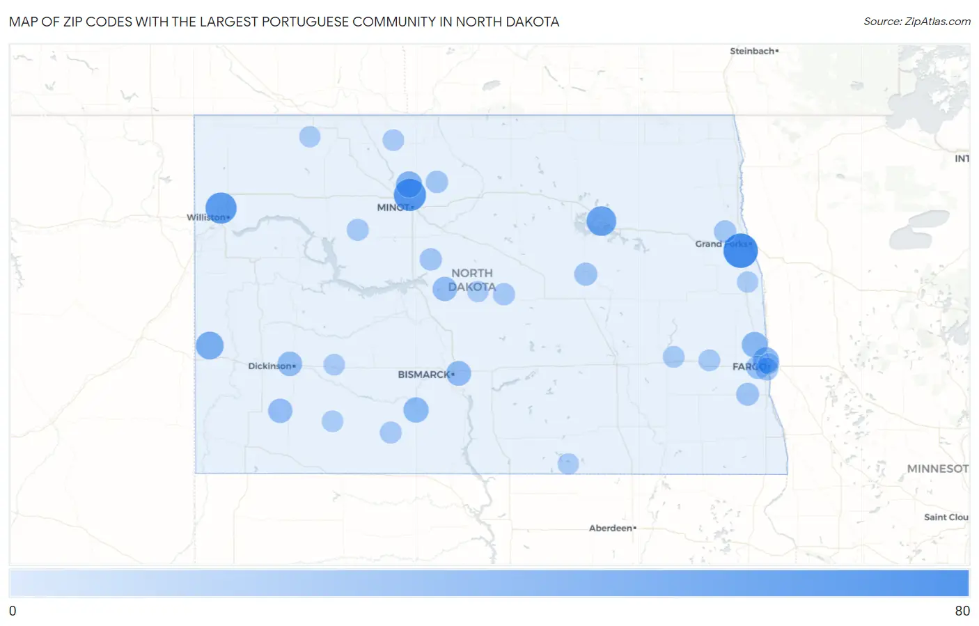 Zip Codes with the Largest Portuguese Community in North Dakota Map