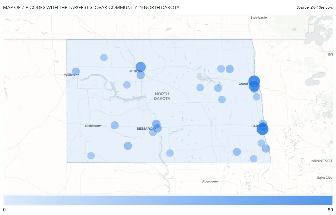 Zip Codes with the Largest Slovak Community in North Dakota Map