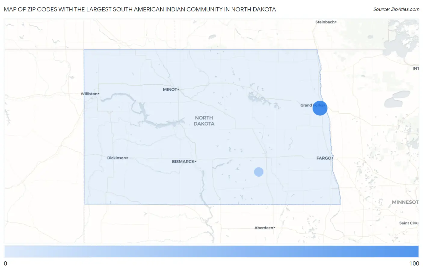 Zip Codes with the Largest South American Indian Community in North Dakota Map