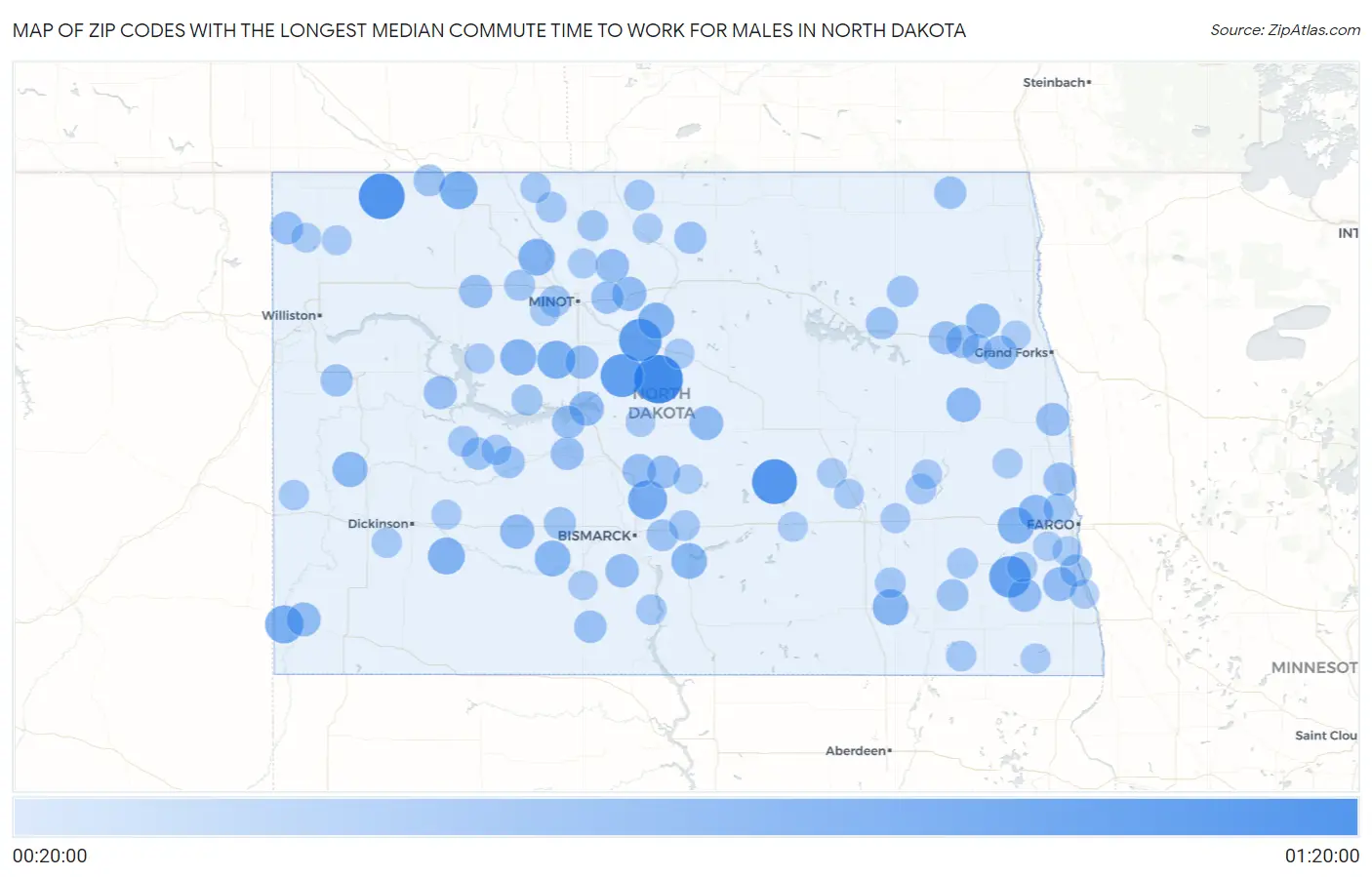 Zip Codes with the Longest Median Commute Time to Work for Males in North Dakota Map