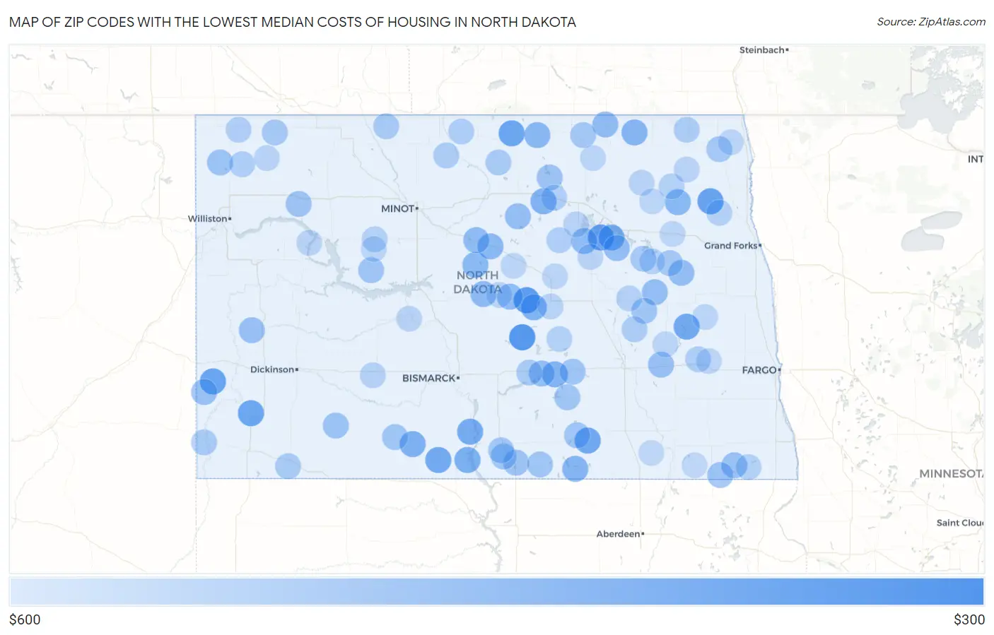 Zip Codes with the Lowest Median Costs of Housing in North Dakota Map