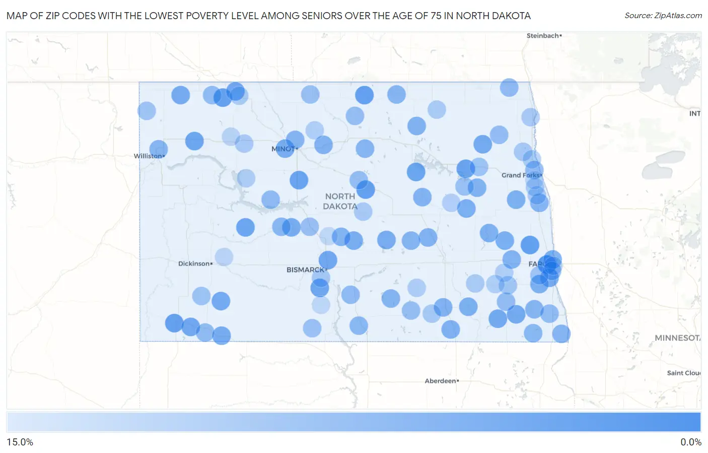 Zip Codes with the Lowest Poverty Level Among Seniors Over the Age of 75 in North Dakota Map