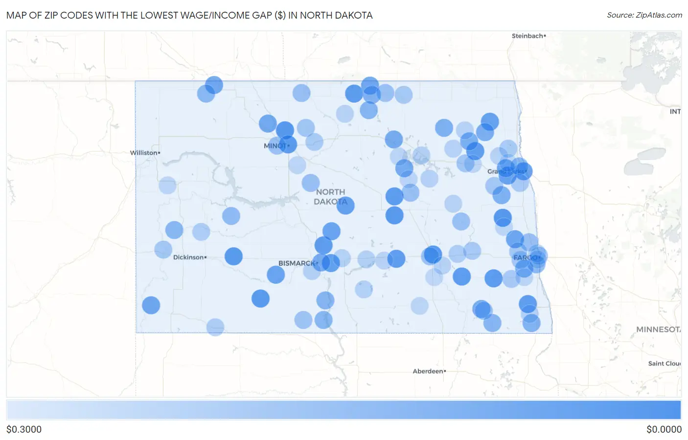 Zip Codes with the Lowest Wage/Income Gap ($) in North Dakota Map