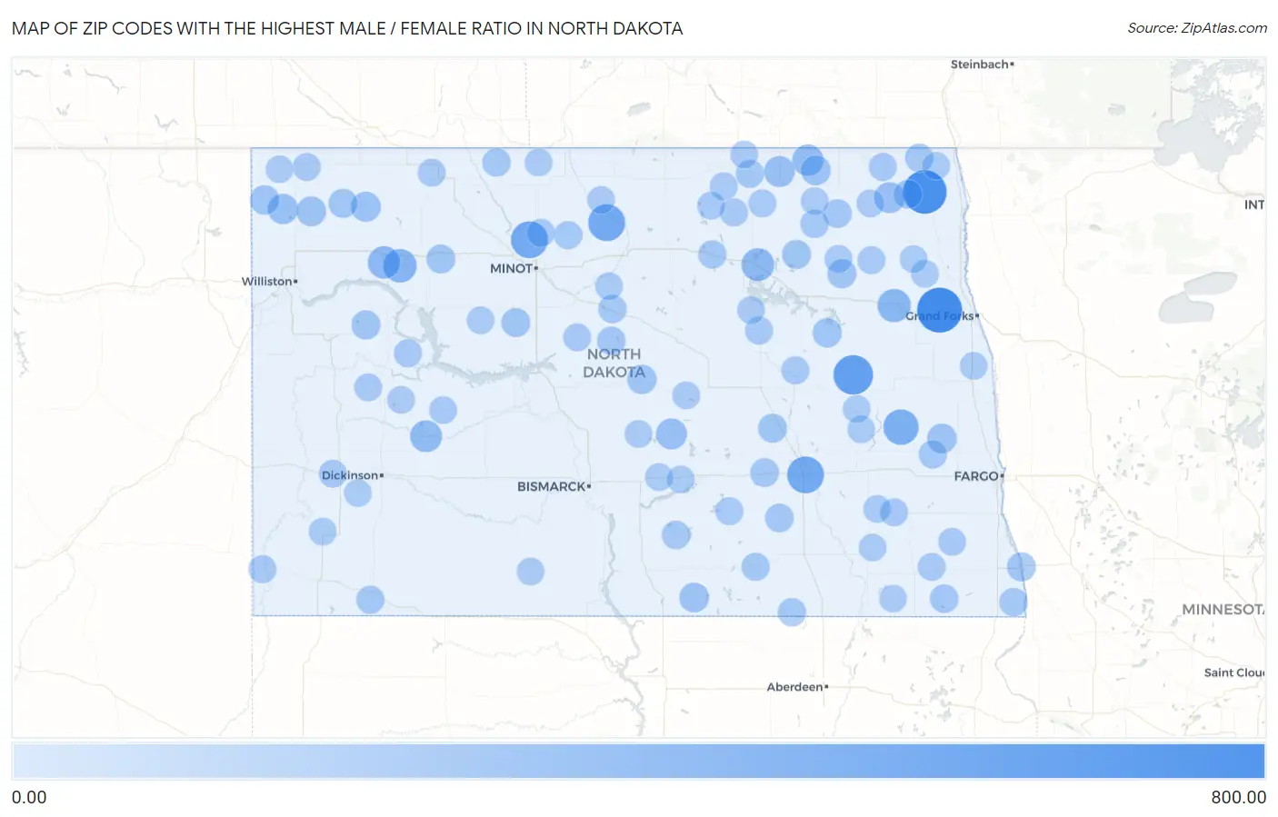 Zip Codes with the Highest Male / Female Ratio in North Dakota Map