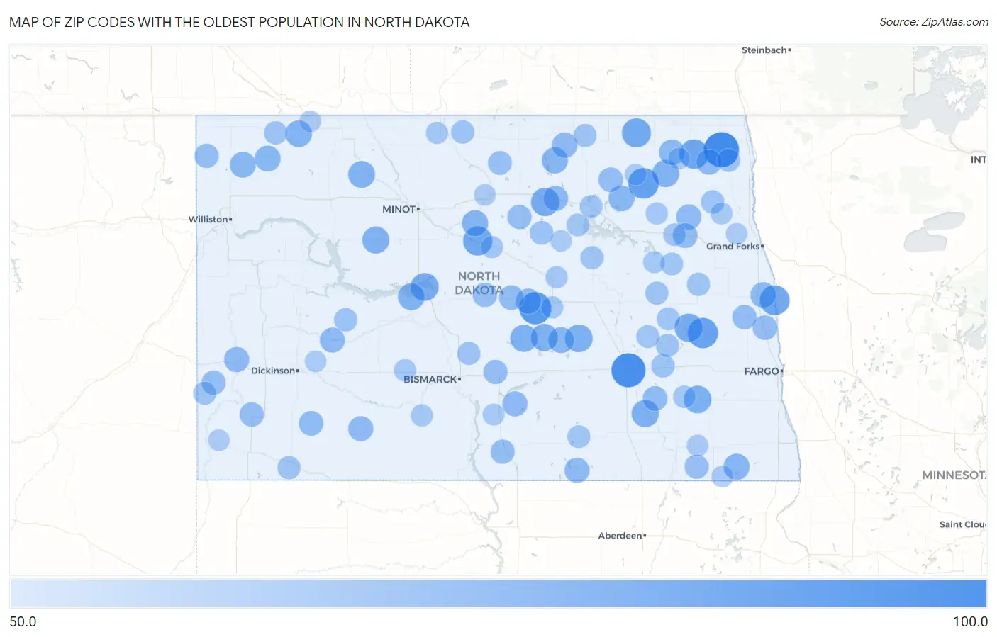 Zip Codes with the Oldest Population in North Dakota Map