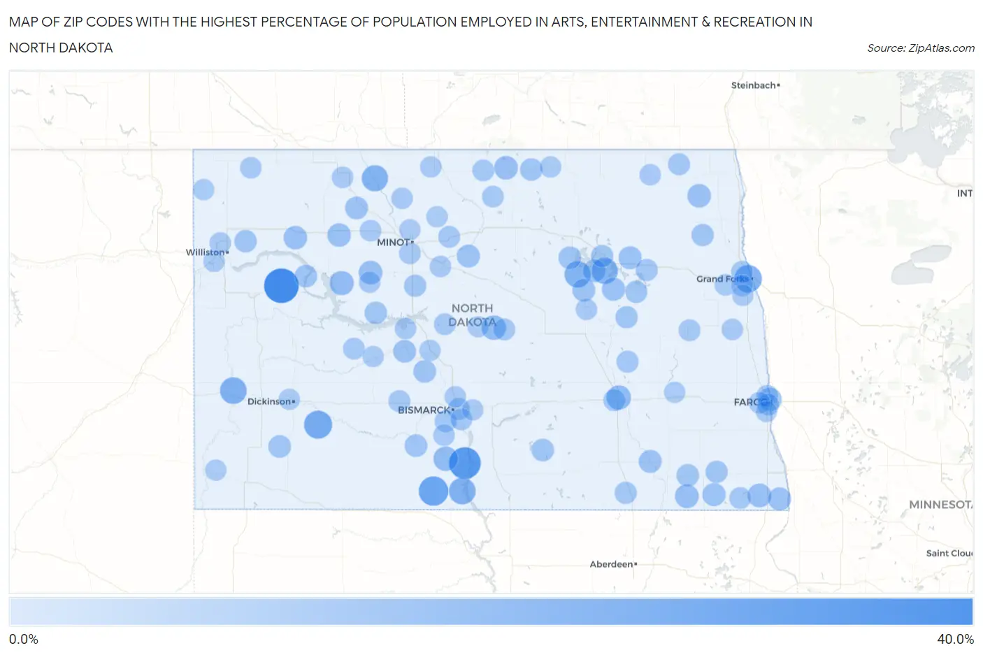 Zip Codes with the Highest Percentage of Population Employed in Arts, Entertainment & Recreation in North Dakota Map