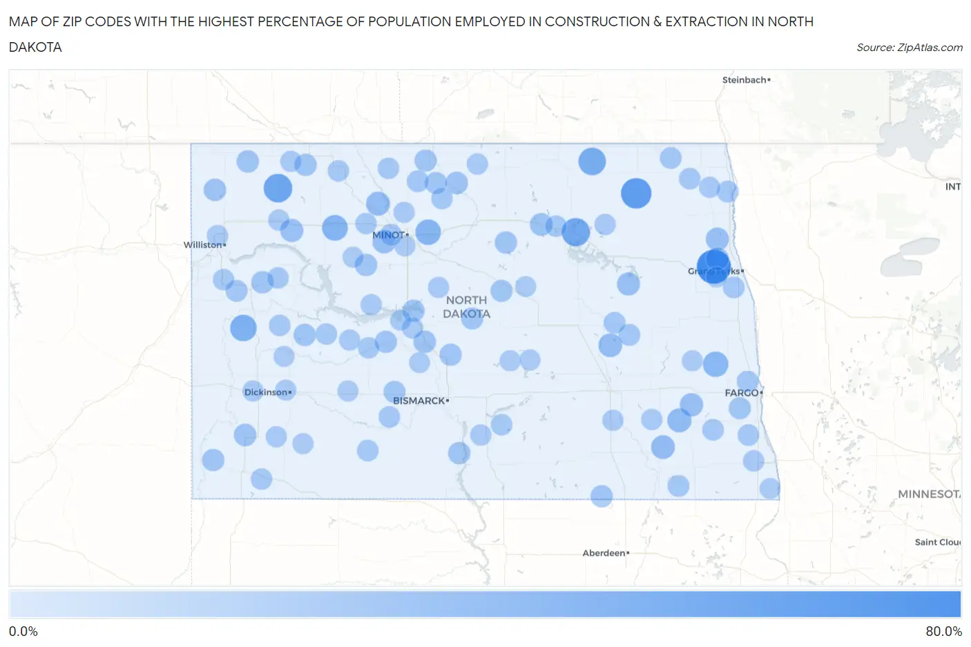Zip Codes with the Highest Percentage of Population Employed in Construction & Extraction in North Dakota Map