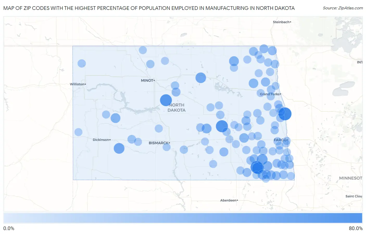 Zip Codes with the Highest Percentage of Population Employed in Manufacturing in North Dakota Map