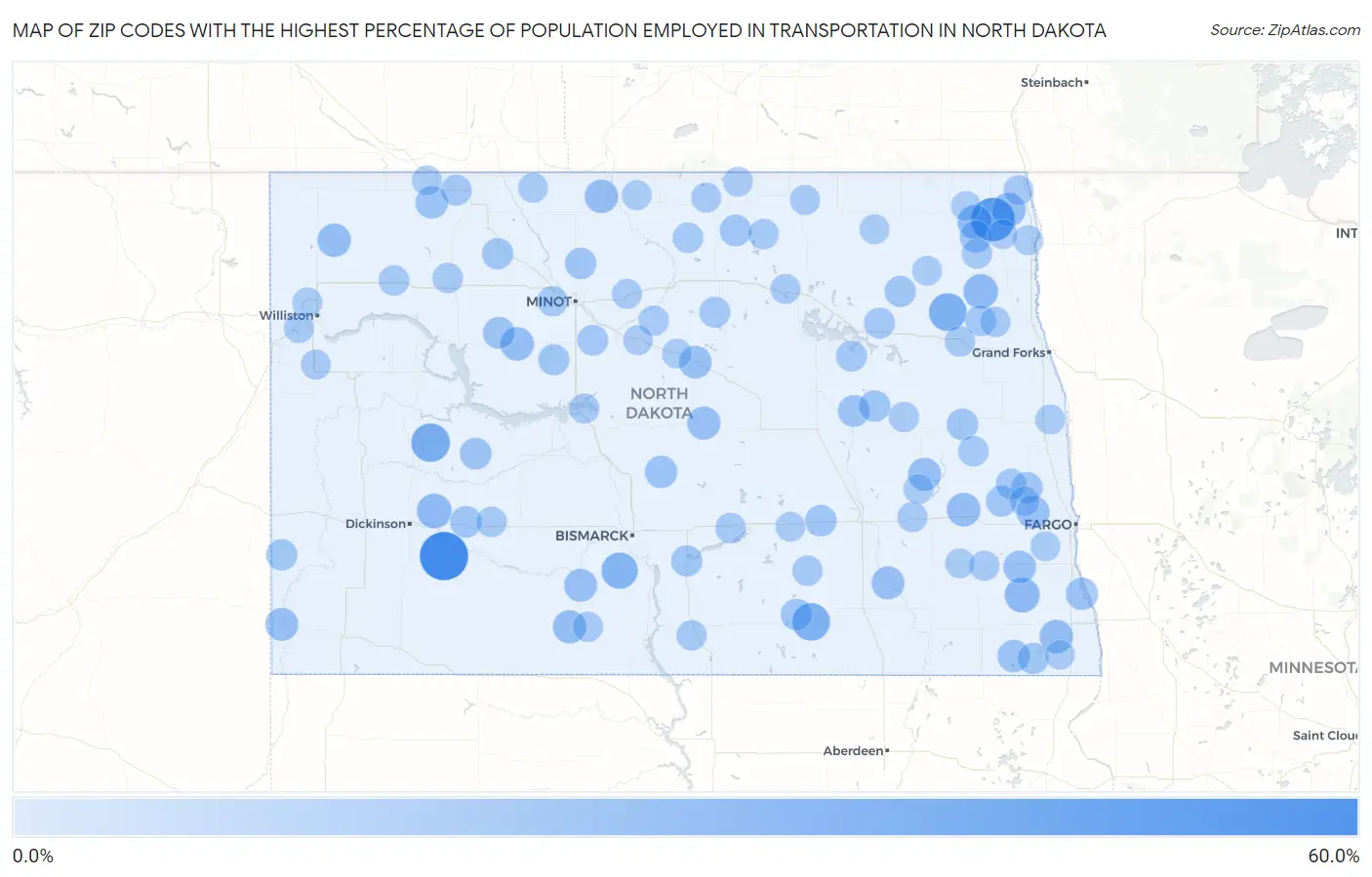 Zip Codes with the Highest Percentage of Population Employed in Transportation in North Dakota Map