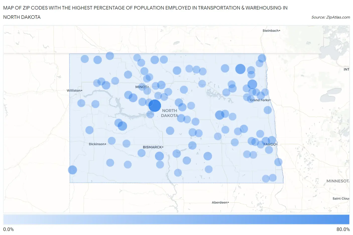 Zip Codes with the Highest Percentage of Population Employed in Transportation & Warehousing in North Dakota Map