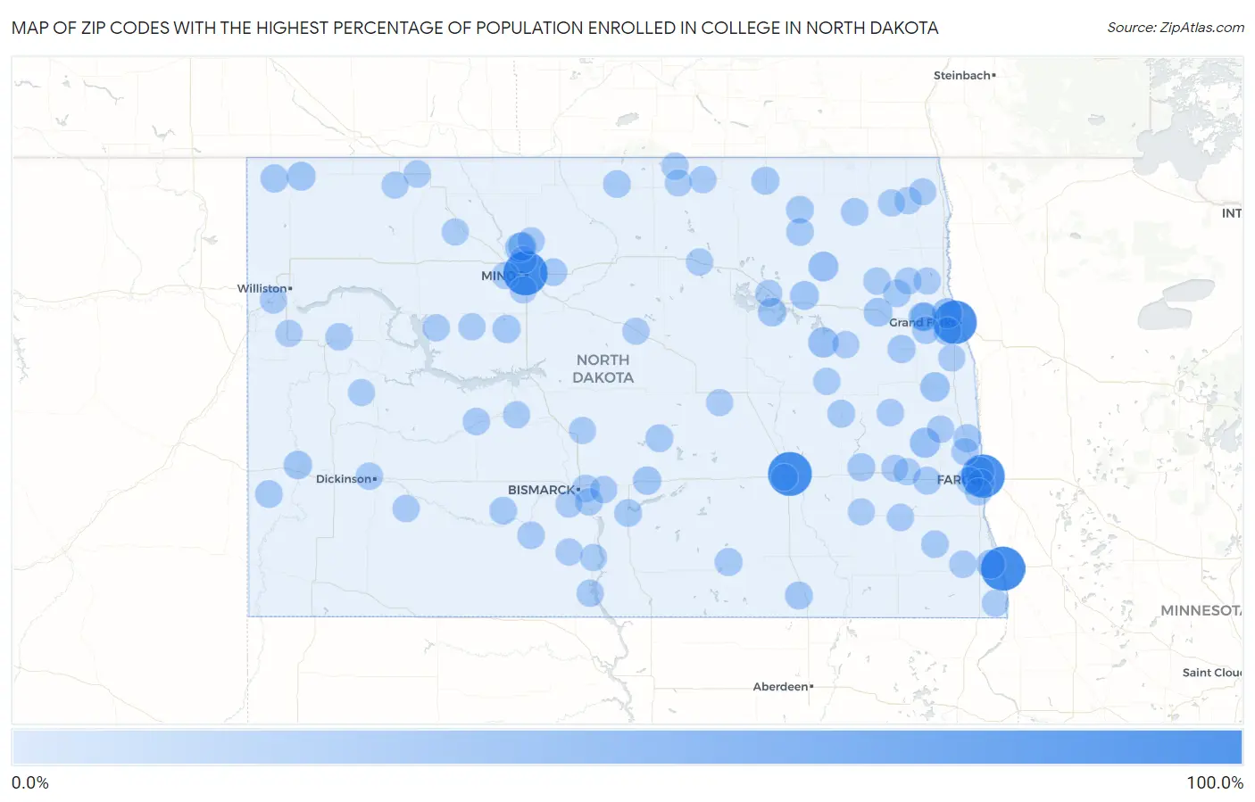 Zip Codes with the Highest Percentage of Population Enrolled in College in North Dakota Map