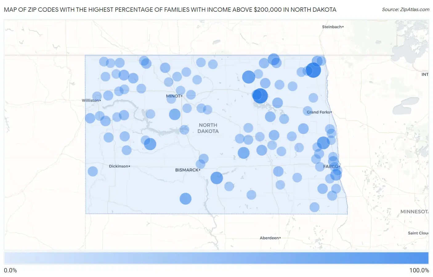 Zip Codes with the Highest Percentage of Families with Income Above $200,000 in North Dakota Map
