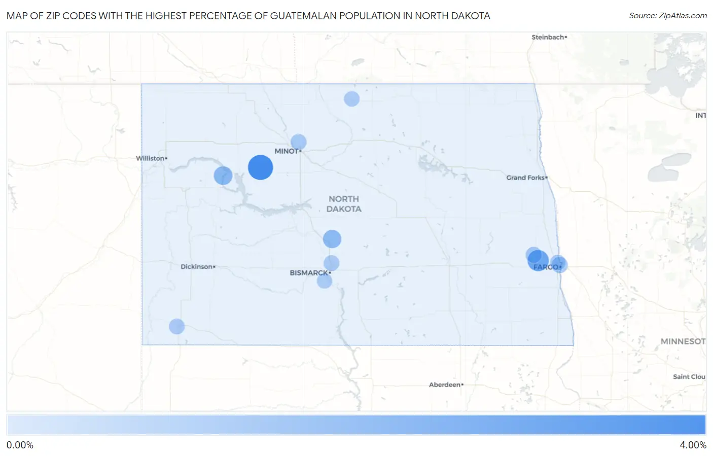 Zip Codes with the Highest Percentage of Guatemalan Population in North Dakota Map