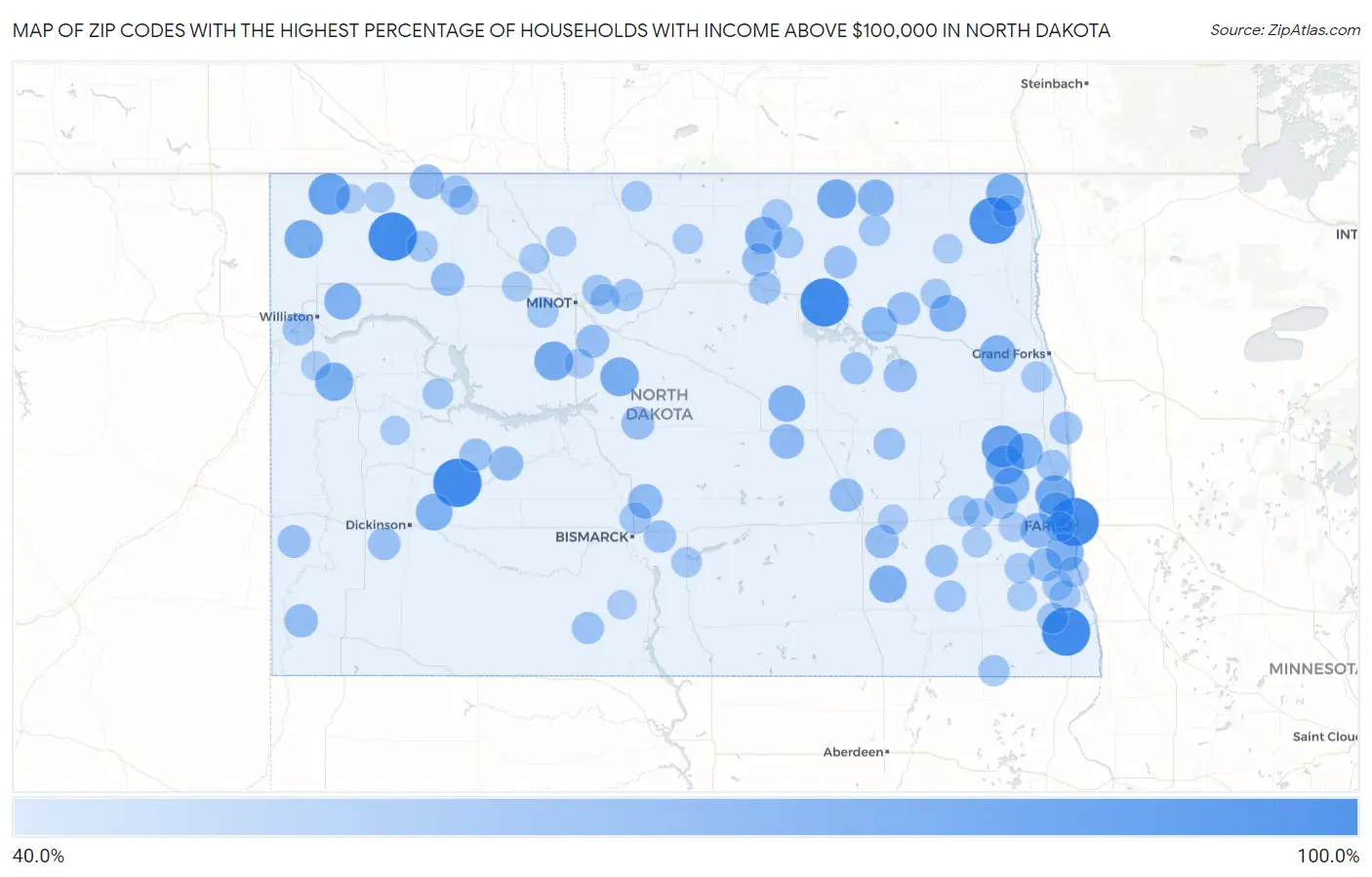 Zip Codes with the Highest Percentage of Households with Income Above $100,000 in North Dakota Map