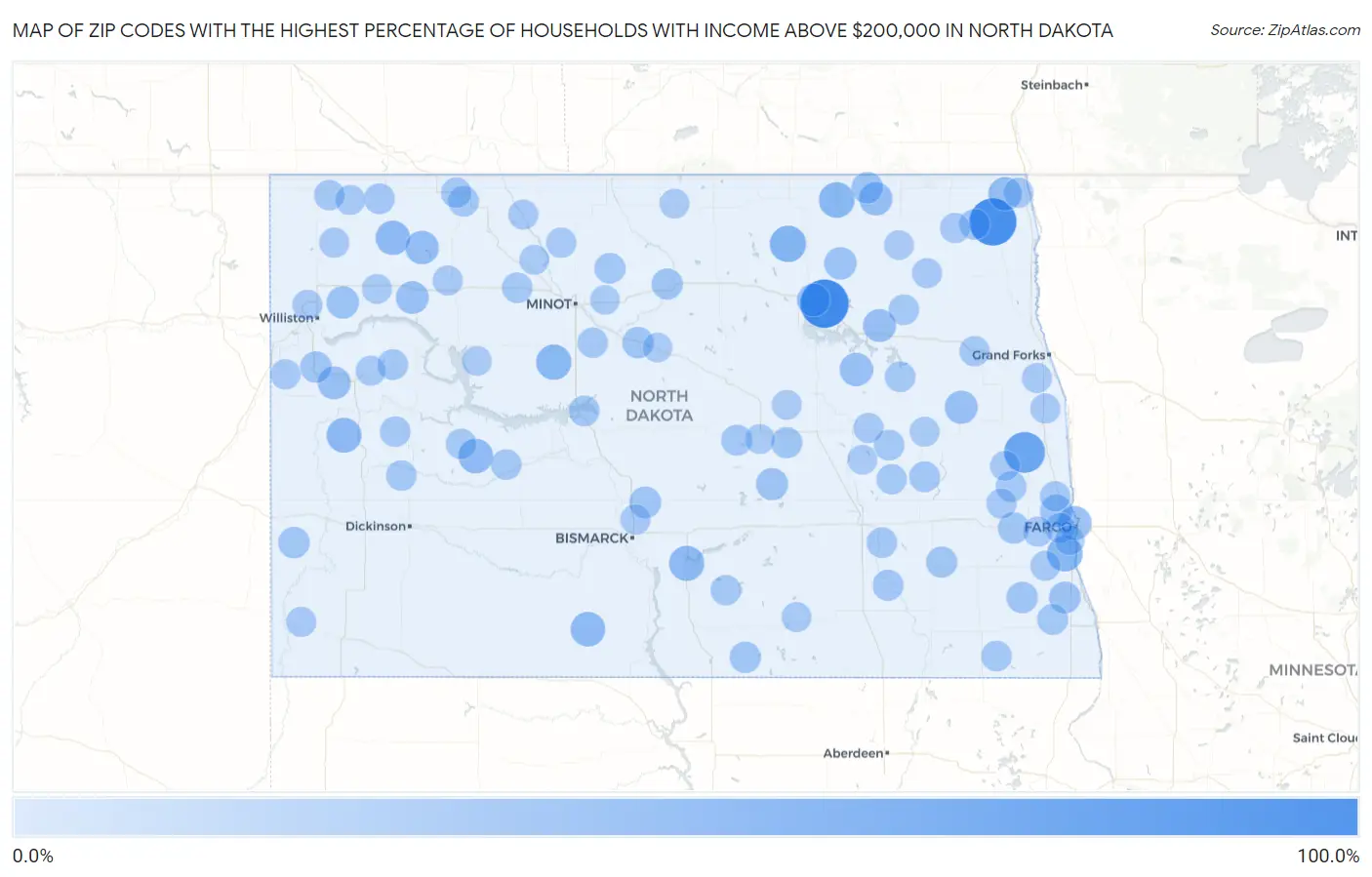 Zip Codes with the Highest Percentage of Households with Income Above $200,000 in North Dakota Map
