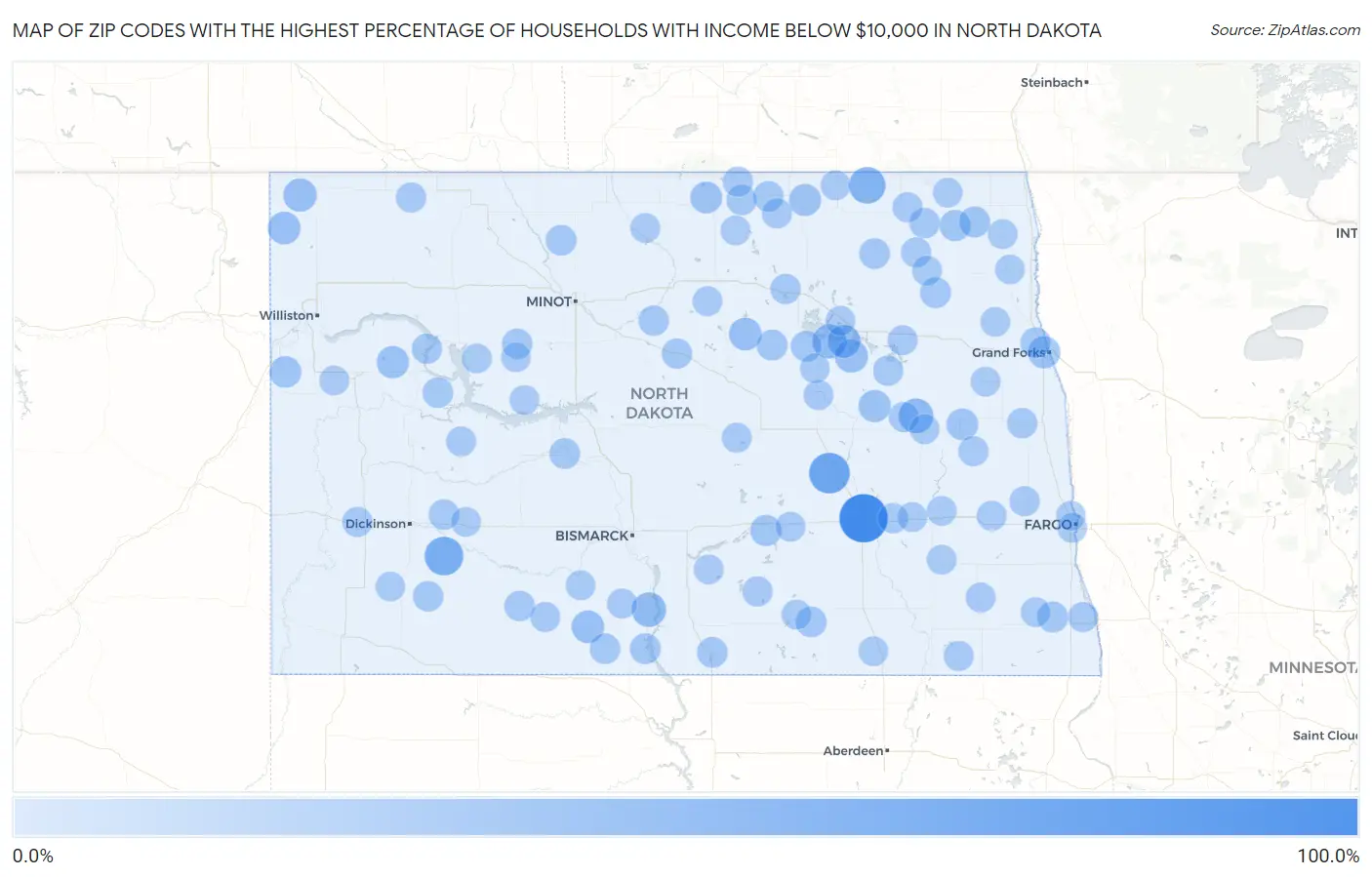 Zip Codes with the Highest Percentage of Households with Income Below $10,000 in North Dakota Map