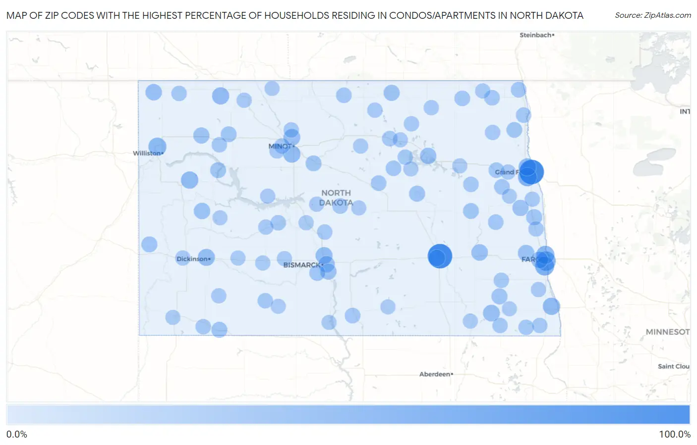Zip Codes with the Highest Percentage of Households Residing in Condos/Apartments in North Dakota Map